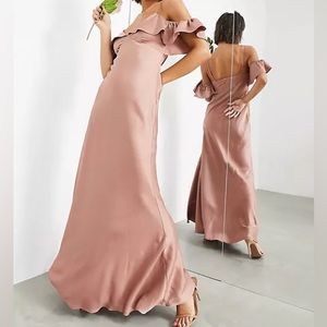 ASOS edition cold shoulder ruffle satin maxi bridesmaid dress gown US 14